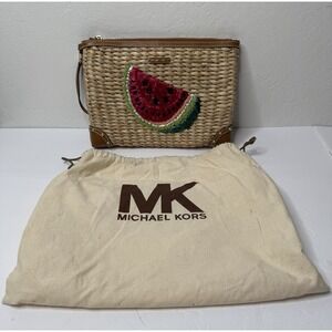 MICHAEL KORS Malibu Straw Watermelon XL Clutch Wristlet Natural Tropical New